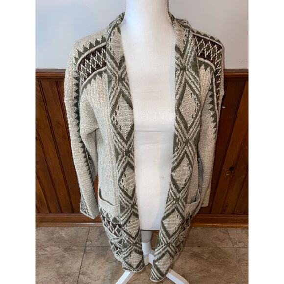 Womens Lucky Brand Green Brown Aztec Geometric Southwestern Open Knit Cardigan M - Picture 1 of 10